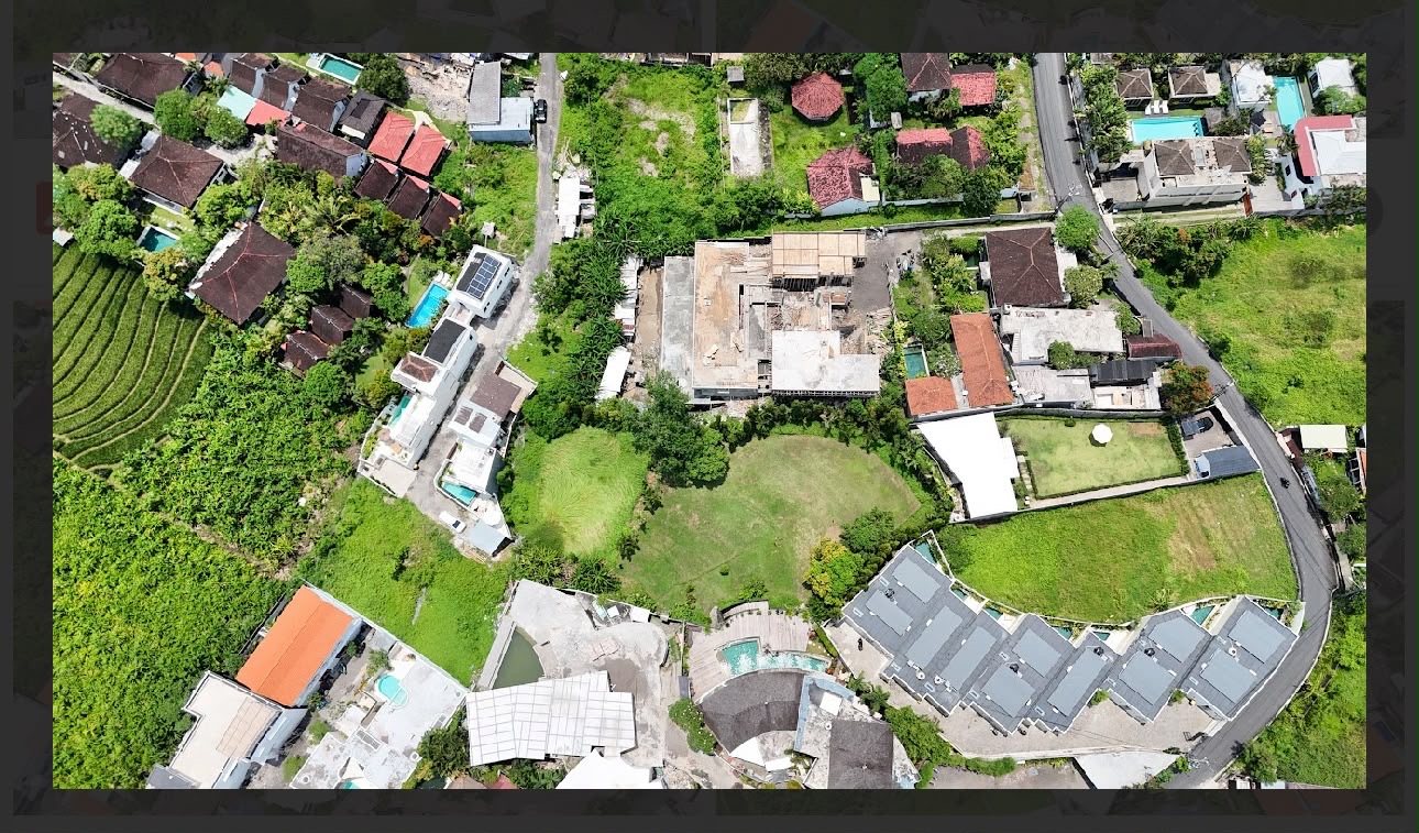 Wide aerial view of the Tibubeneng plot and surrounding neighbourhood