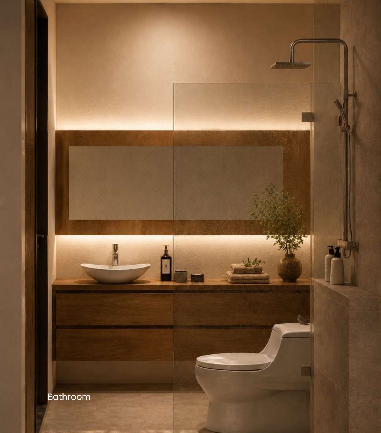 Bathroom with granite finishes, rain shower and timber vanity