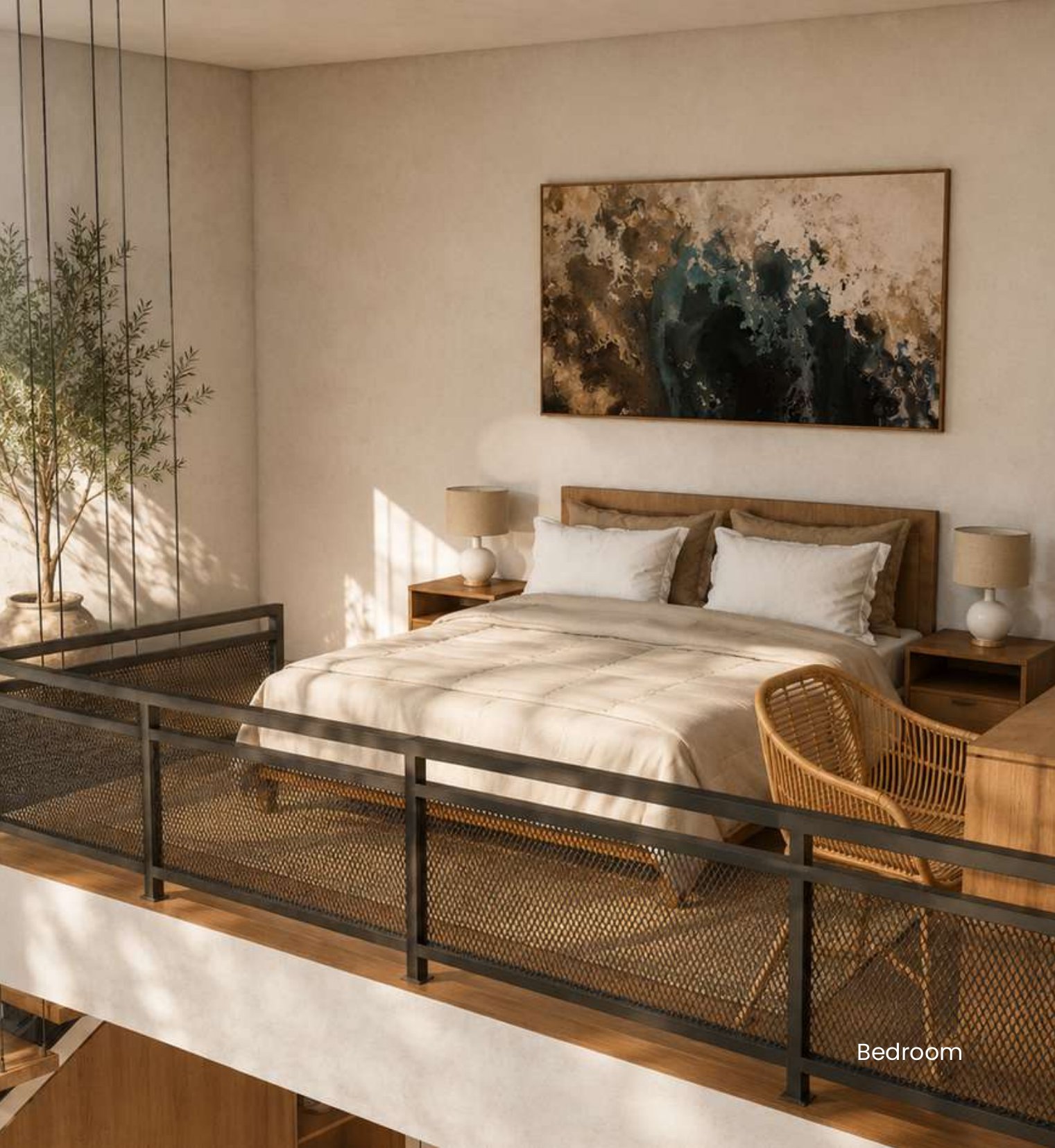 Loft bedroom overlooking the living area through a glass-and-timber balustrade