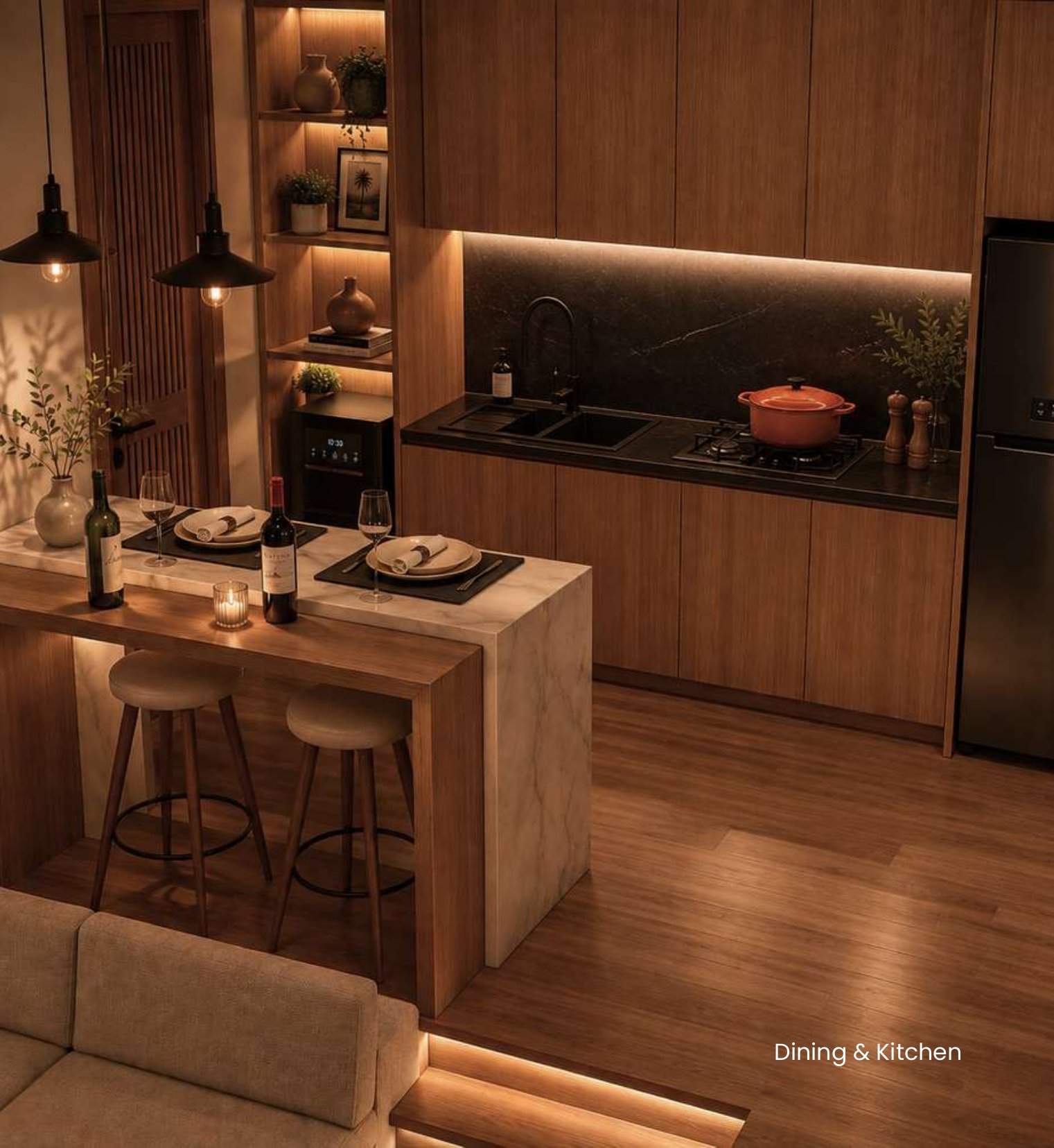 Dining counter and kitchen in the evening, warm timber finishes