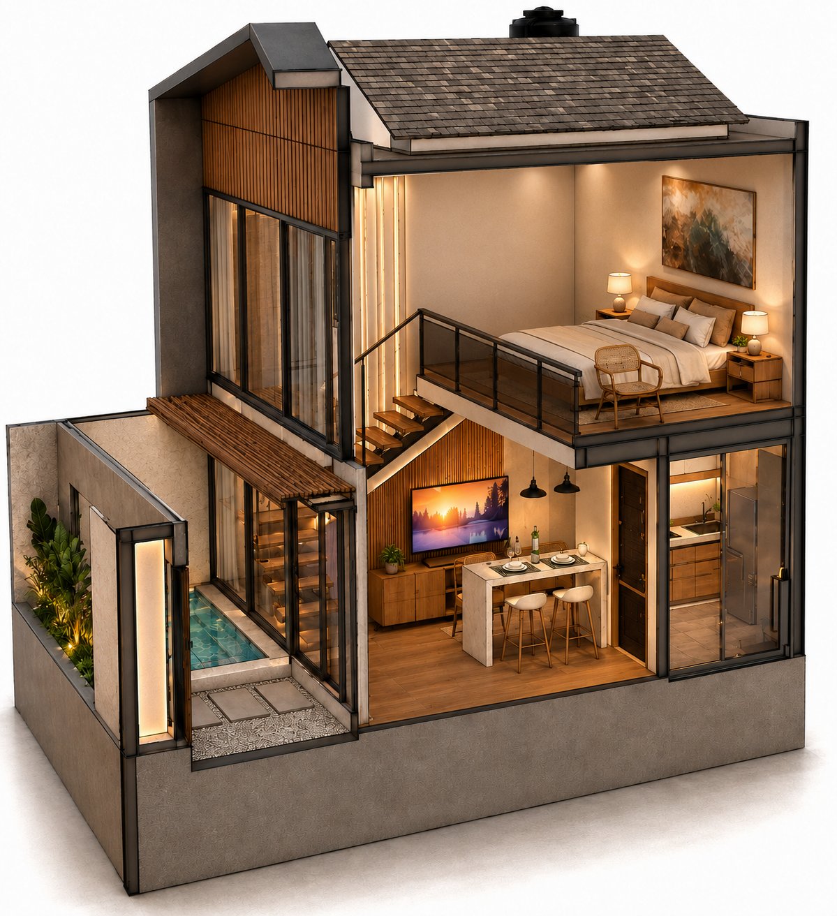 Kira Tropical Loft cross-section — dining area and open loft bedroom with balcony