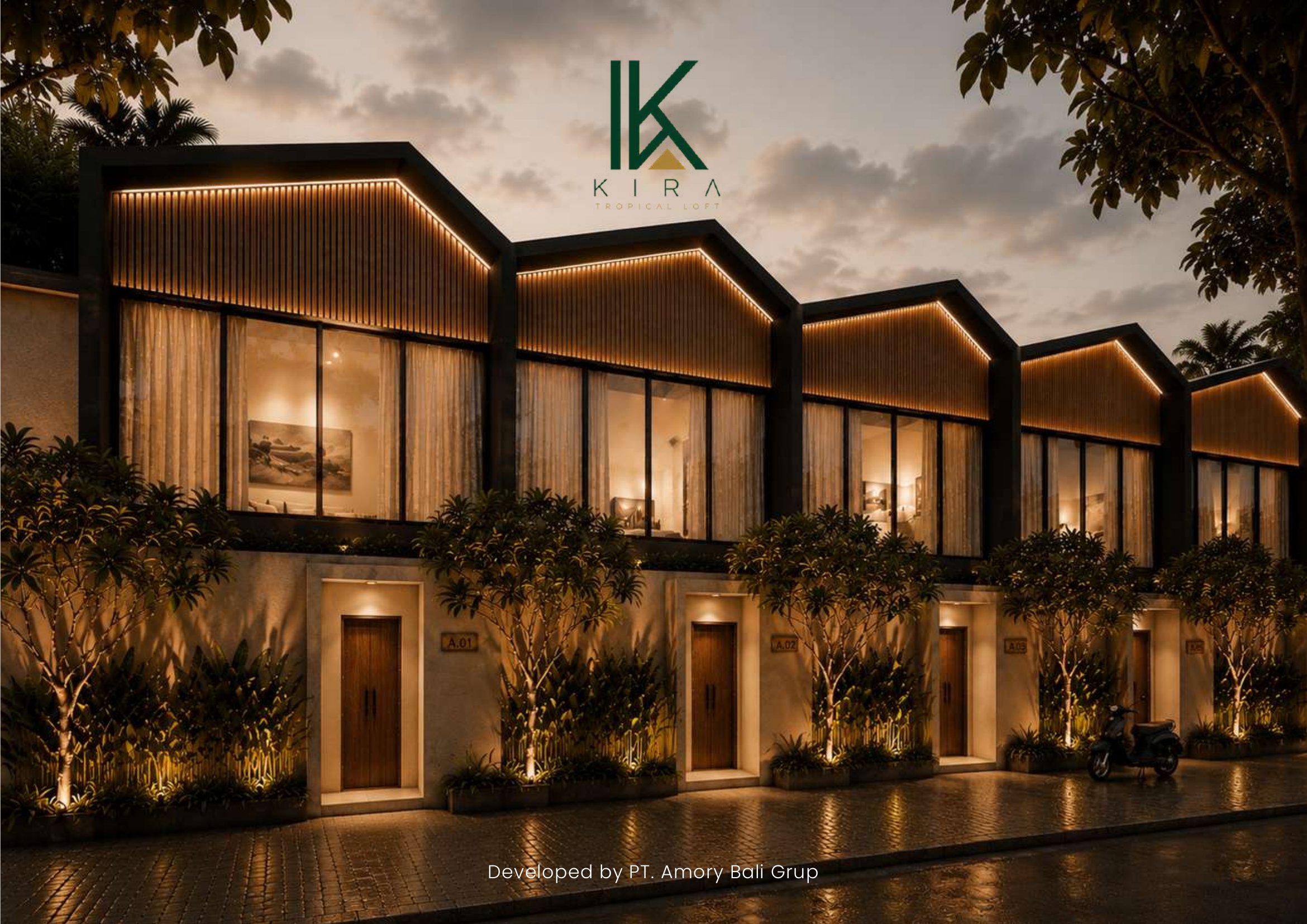 Kira Tropical Loft row of tropical lofts at dusk with warm timber-slat facades
