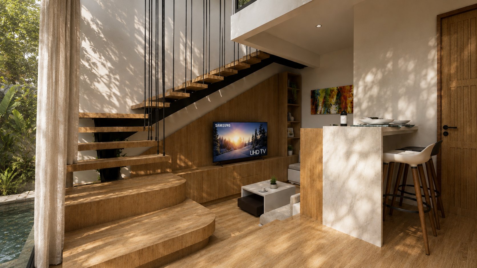 Living area with timber staircase, built-in TV unit and dining counter