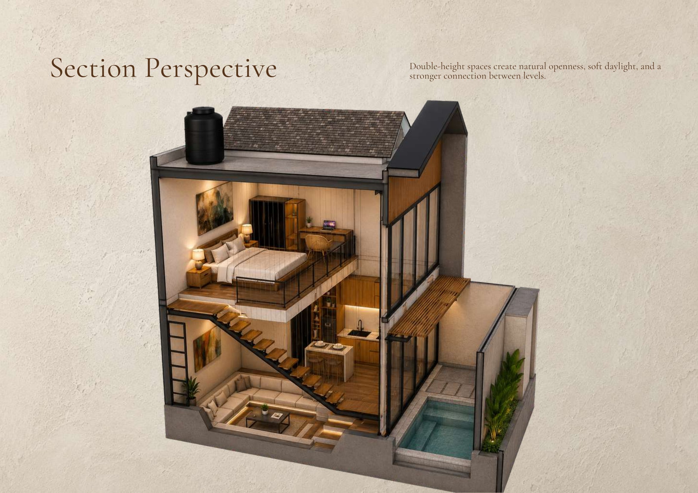 Kira Tropical Loft cross-section — private pool, sunken living, kitchen and loft bedroom