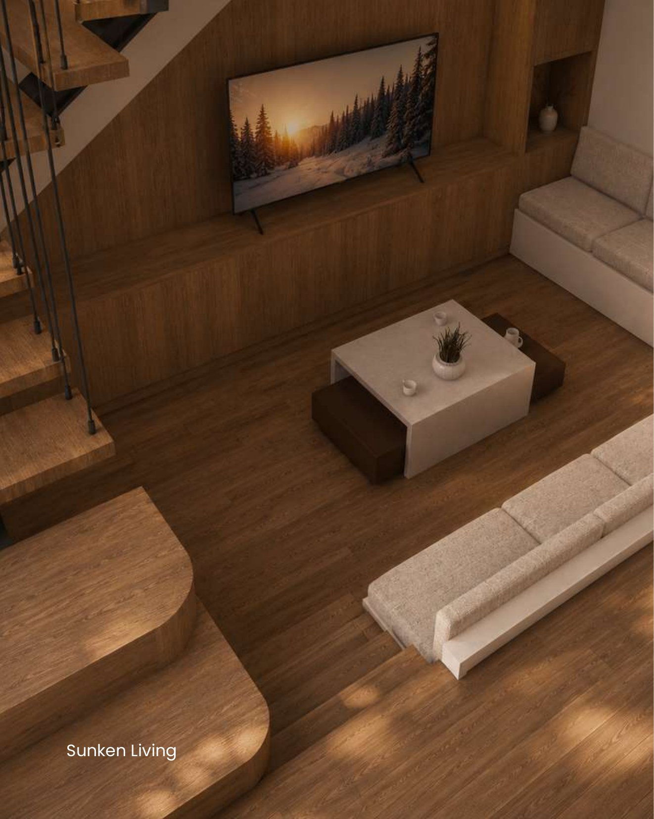 Sunken living area with built-in TV unit and timber staircase